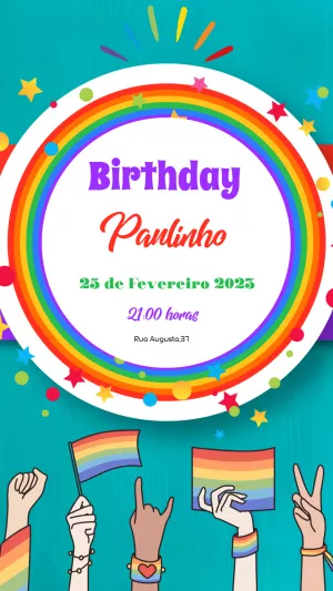 Convite de Aniversário LGBTQIA+ com Arco-Íris para Editar Online