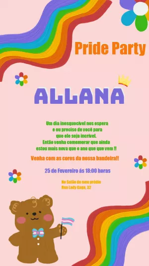 Convite de Aniversário Ursinho Pride LGBTQIA+ para Editar