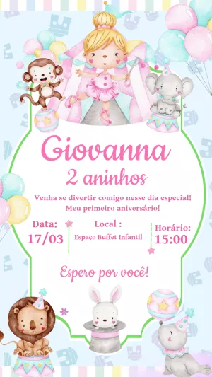 Convite Aniversário Circo Rosa com Animais Fofos para Editar