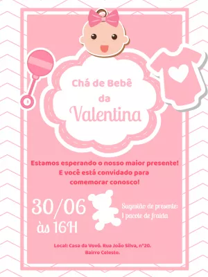 Convite Chá de Bebê Menina Rosa Delicado para Editar Online