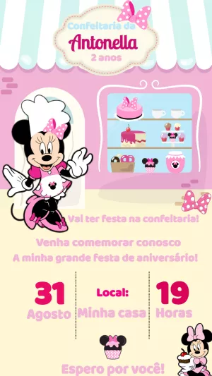 Convite Aniversário Confeitaria da Minnie para Editar Online