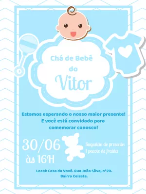 Convite Chá de Bebê Menino Azul Fofo para Editar Online