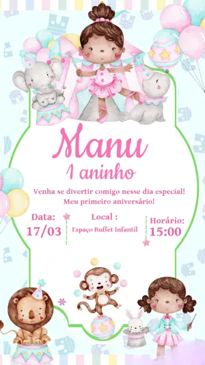 Convite Aniversário Circo Rosa com Animais para Editar Online
