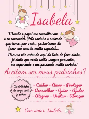 Convite para Padrinhos de Batismo Anjinha para Editar Online