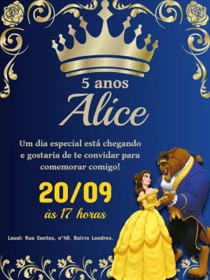 Convite de Aniversário A Bela e a Fera para Editar Online