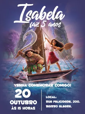 Convite Aniversário Moana com Personagens para Editar Online