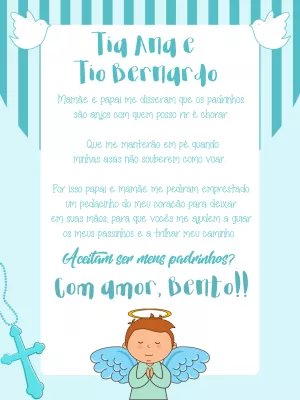 Convite Padrinhos de Batismo Anjinho Azul para Editar Online