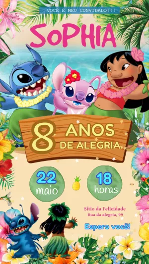 Convite Aniversário Lilo e Stitch para Editar Online