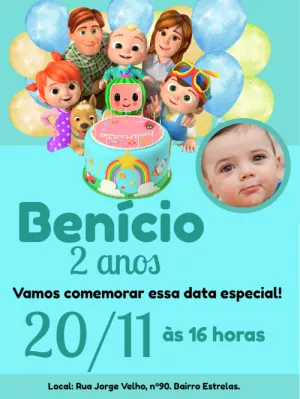 Convite de Aniversário Cocomelon com Foto para Editar Online