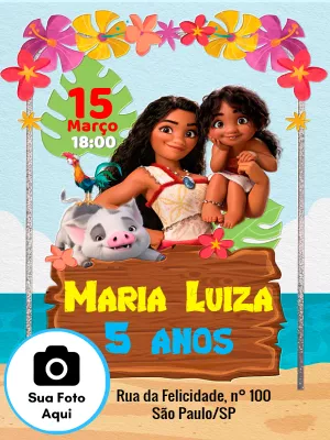 Convite de Aniversário Moana com Foto para Editar Online