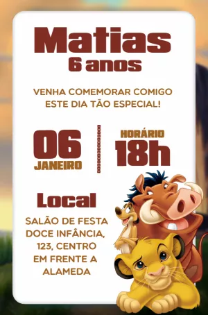 Convite de Aniversário Rei Leão com Personagens para Editar