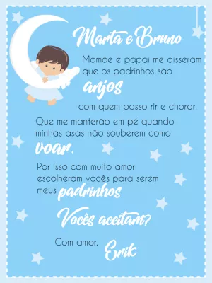 Convite Batizado Padrinhos Anjinho na Lua Editável Online