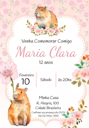 Convite Aniversário Capivara Rosa Floral para Editar Online