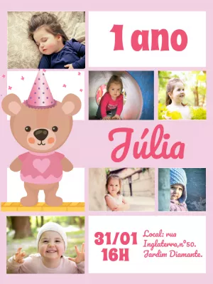 Convite de Aniversário Ursinha com Fotos para Editar Online