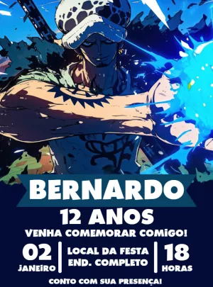 Convite Aniversário One Piece Trafalgar Law para Editar Online