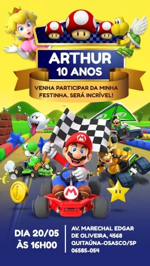 Convite de Aniversário Mario Kart com Personagens para Editar