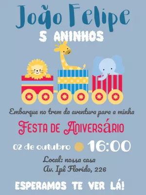 Convite de Aniversário Trem dos Animais Editável Online