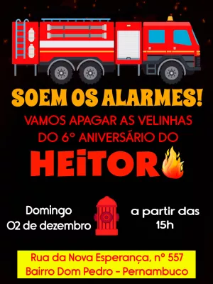 Convite de Aniversário Bombeiro com Caminhão para Editar