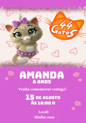 Convite Aniversário 44 Gatos Menina para Editar Online