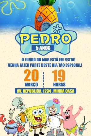 Convite de Aniversário Bob Esponja com Personagens para Editar