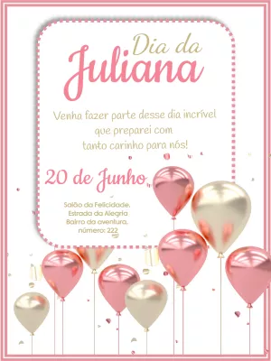 Convite de Aniversário com Balões Rosa e Dourado para Editar