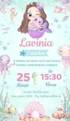 Convite de Aniversário Sereia Fundo do Mar para Editar Online