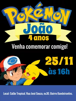 Convite de Aniversário Pokémon com Ash e Pikachu para Editar