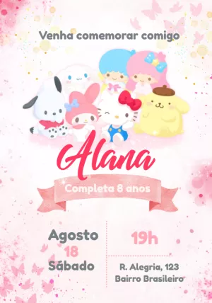 Convite de Aniversário Hello Kitty e Amigos para Editar Online