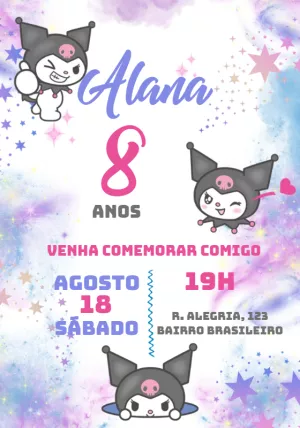 Convite de Aniversário Kuromi Sanrio para Editar Online
