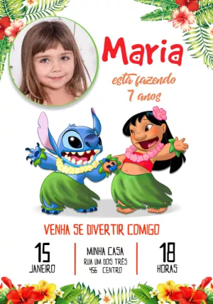 Convite Aniversário Lilo e Stitch com Foto para Editar Online