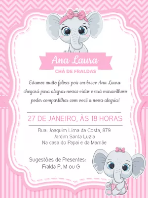 Convite Chá de Fraldas Elefantinha Rosa para Editar Online
