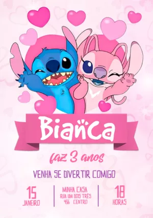 Convite Aniversário Stitch e Angel para Editar Online