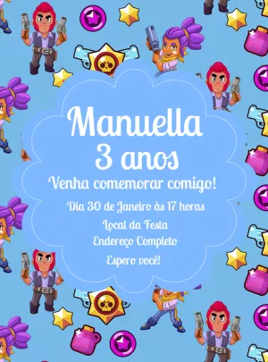 Convite de Aniversário Brawl Stars com Personagens para Editar