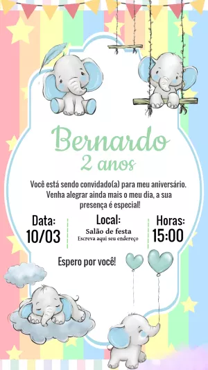 Convite de Aniversário Elefantinho Fofo para Editar Online
