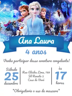 Convite Aniversário Frozen com Personagens para Editar Online