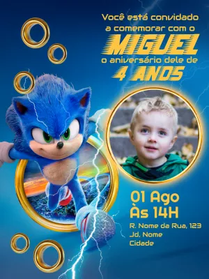 Convite de Aniversário Sonic com Foto para Editar Online