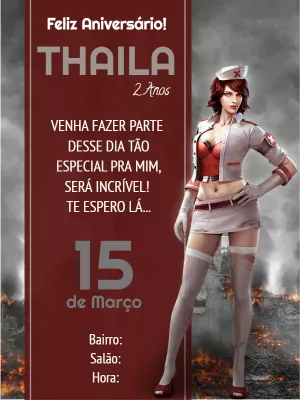 Convite de Aniversário Free Fire Editável com Skin Feminina