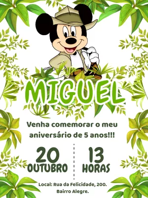 Convite Aniversário Mickey Safari para Editar Online e Imprimir