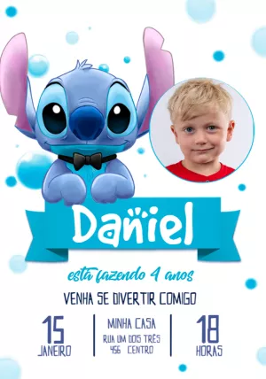 Convite Aniversário Stitch com Foto para Editar Online