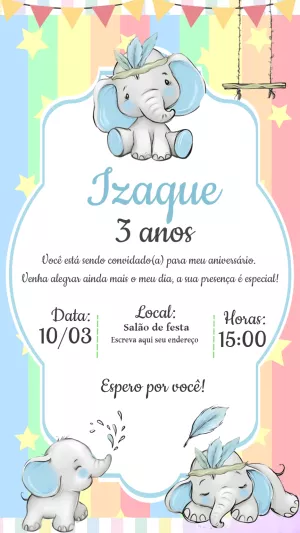 Convite Aniversário Elefantinho Fofo para Editar Online
