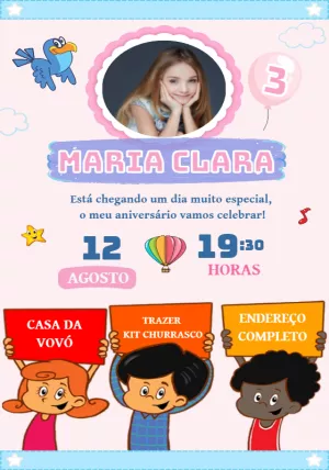 Convite Aniversário 3 Palavrinhas com Personagens para Editar