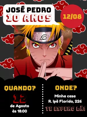 Convite de Aniversário Naruto com Personagem para Editar Online