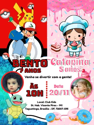 Convite Aniversário Duplo Pokémon e Confeiteira para Editar