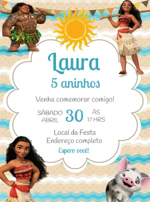Convite de Aniversário Moana com Personagens para Editar Online