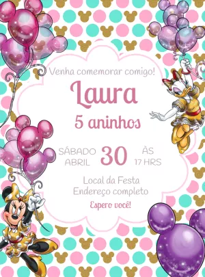 Convite Aniversário Minnie e Margarida Dourada para Editar