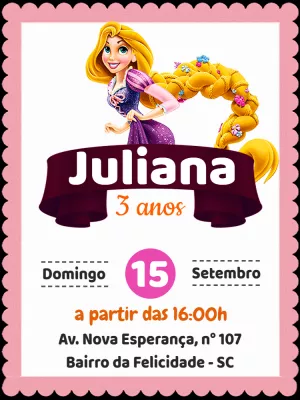 Convite de Aniversário Rapunzel Editável para Imprimir