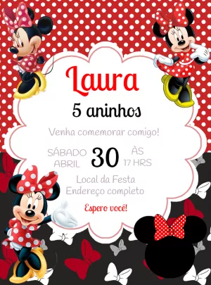 Convite Aniversário Minnie Mouse Vermelha para Editar Online