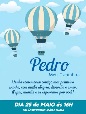 Convite Aniversário Balão Azul para Editar Online