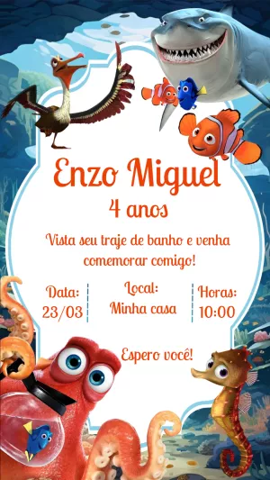 Convite de Aniversário Nemo e Dory para Editar Online