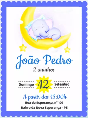 Convite Aniversário Elefante Baby Azul para Editar Online